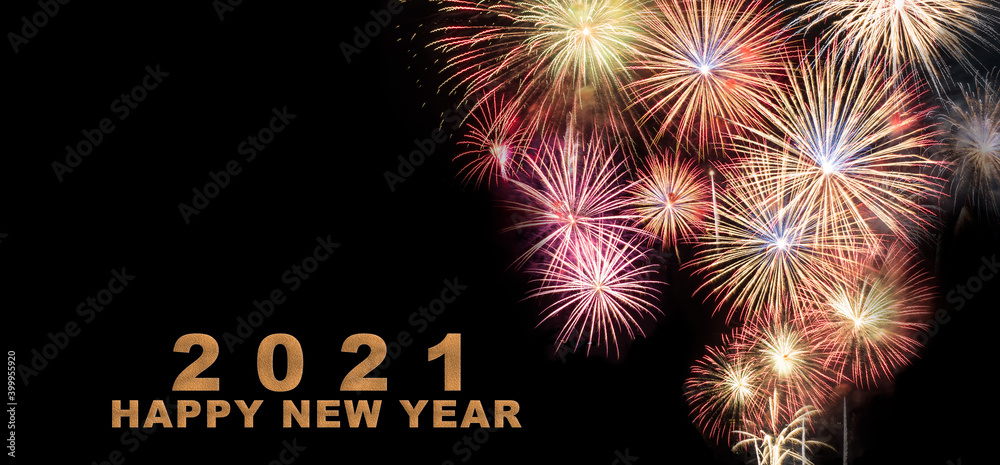 Abstract beautiful colorful fireworks display for celebration on black background with Happy New year text.