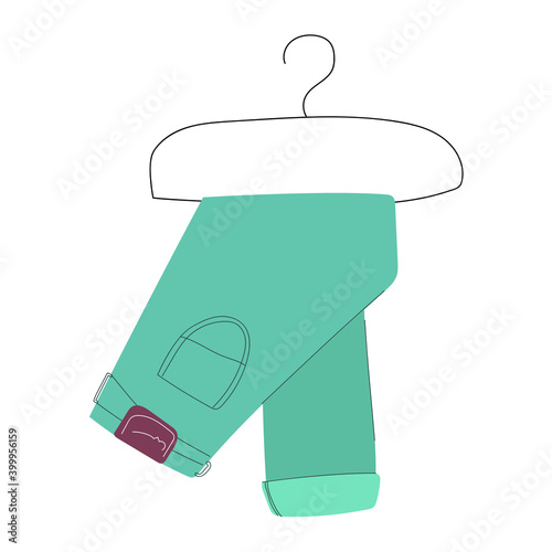 Hand drawn jeans are hanging on hanger. Flat illustration.