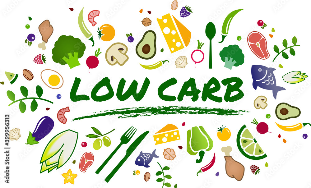 Low carb diet concept: healthy and well-balanced food items - vector illustration