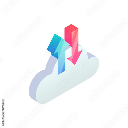 Cloud computing backup and restore isometric Icon with up and down arrows. 3d Cloud storage digital service, data transfering web app. Vector network technology, big data upload and download concept.