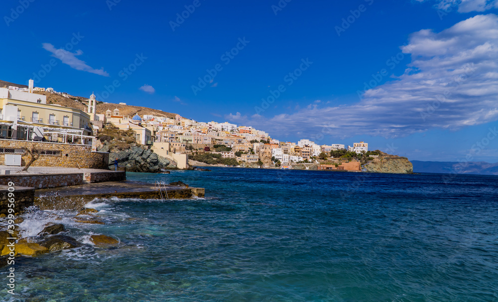 Panoramic view of the city stone beach in Ermoupoli, Syros - capital of the Cyclades Islands, Greece