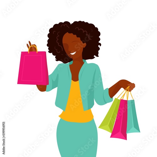 African american woman shopping on sale. Vector