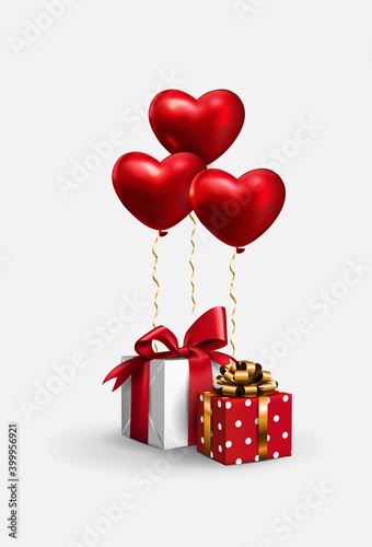 Composition for Valentine's Day.Gift boxes of white and red color with a bow, on the background of balloons in the shape of a heart.Love m passion symbol.clipart for greeting cards or decor for banner