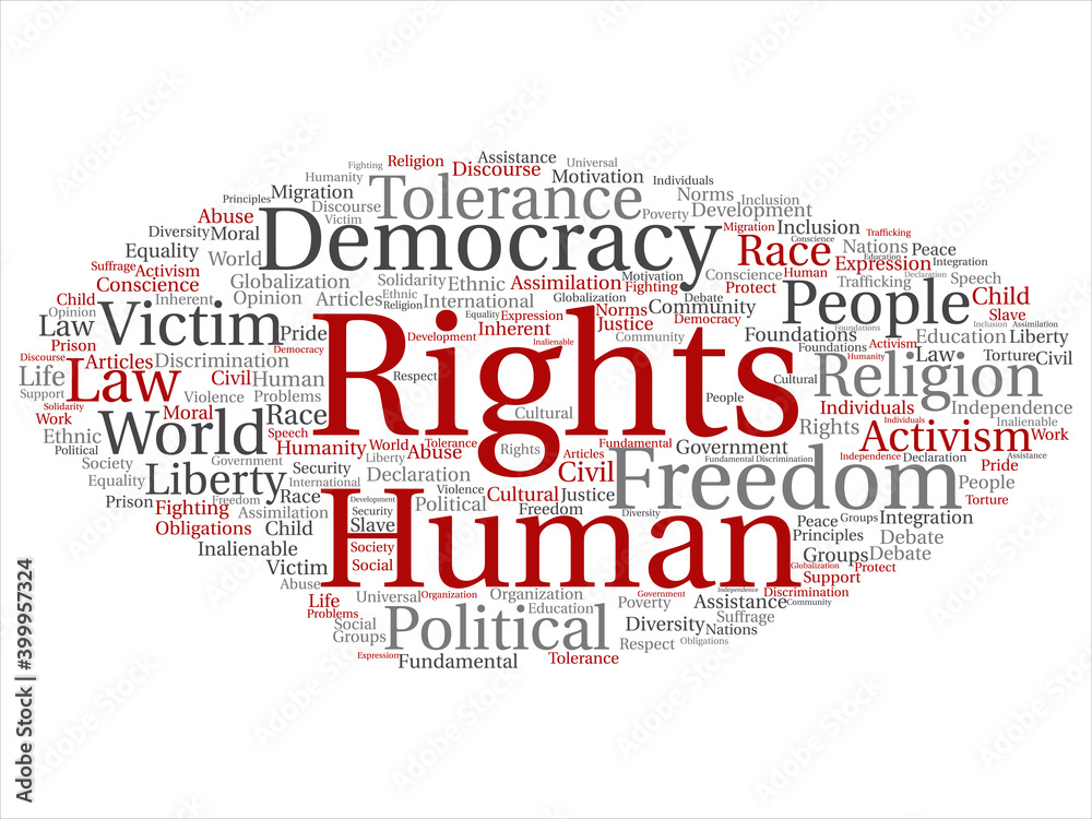 Vector concept or conceptual human rights political freedom, democracy abstract word cloud isolated background. Collage of humanity world tolerance, law principles, people justice discrimination text