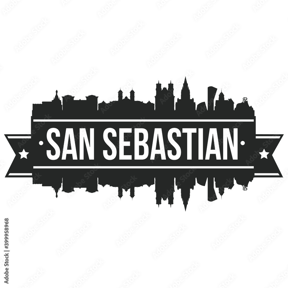 San Sebastian Spain Skyline Silhouette Design City Vector Art Famous Buildings Stamp Stencil.