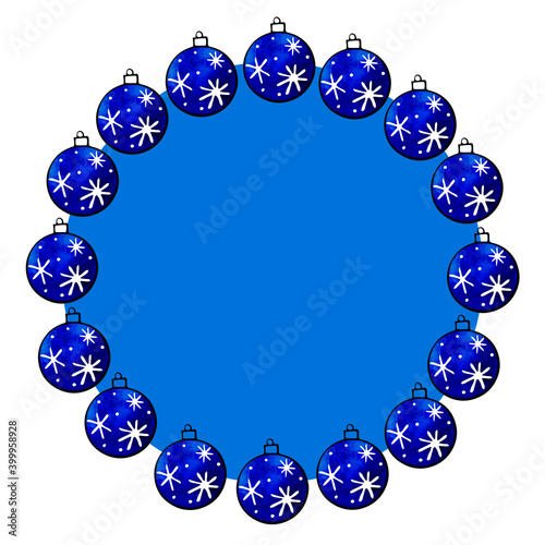Round frame is made of Xmas tree balls. New Year and Christmas wreath, background and border. For greeting cards, photo, holiday design, invitations