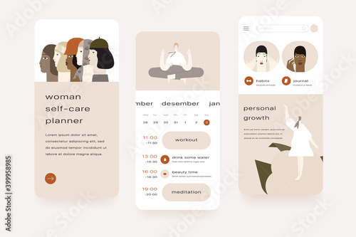 Women planner. Mobile application template. UI, UX, GUI design elements.