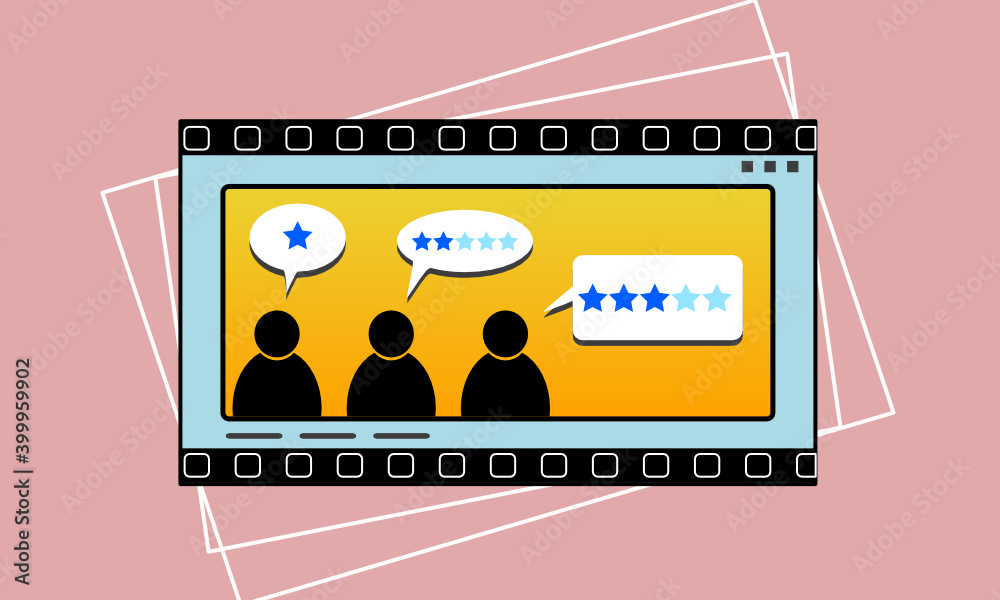 Filmszene mit drei schwarzen Personenfiguren als Juroren mit weißen Sprechblasen in denen eine Bewertung in Form von blauen Sternen zu sehen ist vor einem rosa Hintergrund