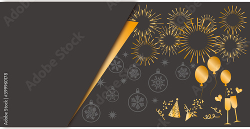 New year concept illustration. golden fireworks, ornaments, party elements, and champagne glasses on dark background. new year banner design. Vector illustration.
ニューイヤーカウントダウンイラスト、新年イベントイラスト、