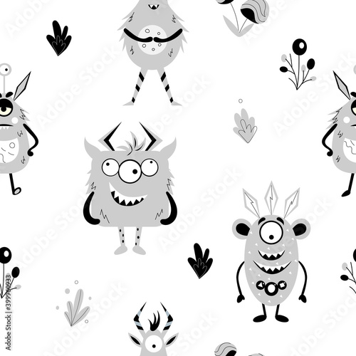 Pattern with cartoon monsters. Cute monsters. Vector.