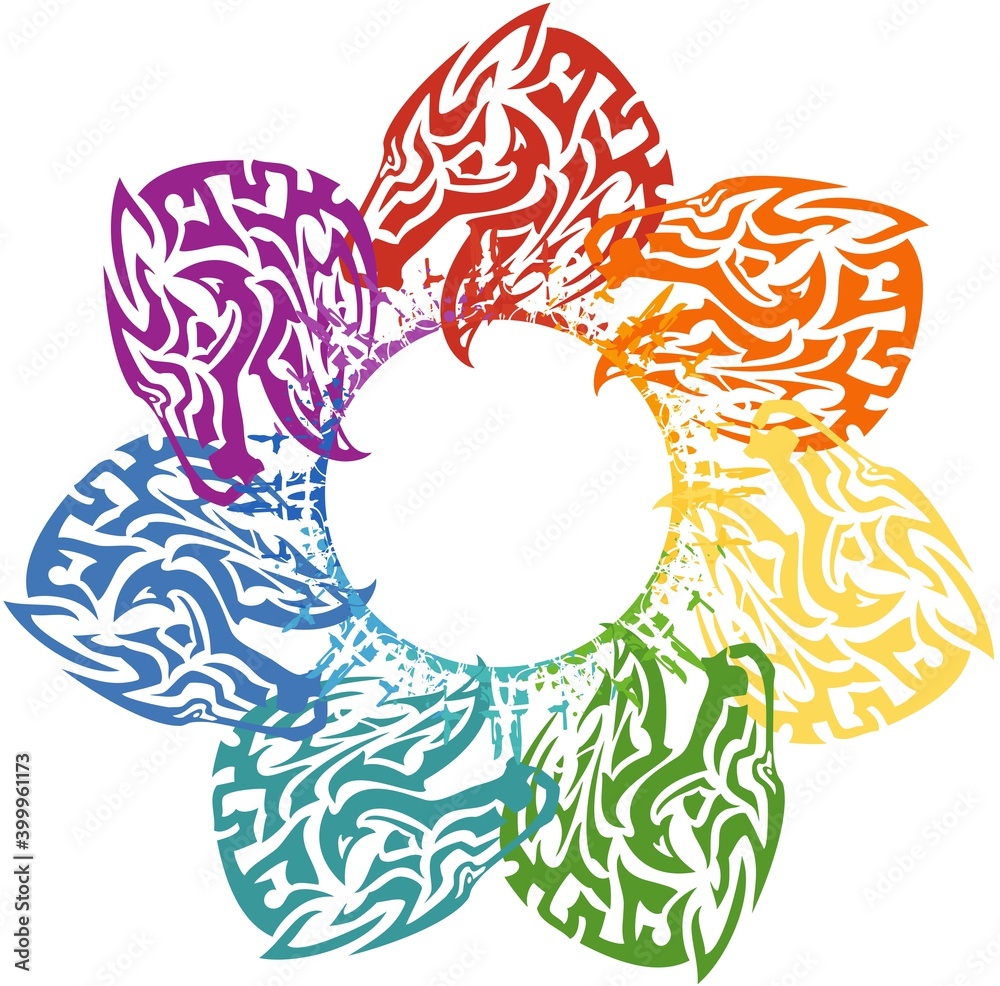 Abstract horse heads rainbow flower. Rainbow flower formed by mustang heads in the form of a circle on a white backdrop for your ideas, holidays, prints, tattoos, wallpaper, textiles, embroidery, etc. Abstract horse heads rainbow flower. Rainbow flower formed by mustang heads in the form of a circle on a white backdrop for your ideas, holidays, prints, tattoos, wallpaper, textiles, embroidery, etc.