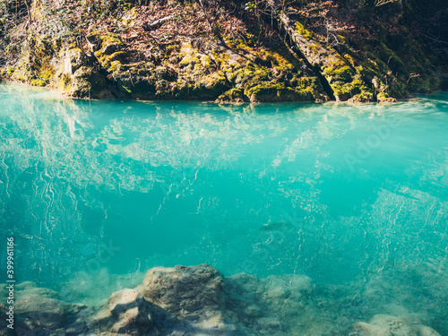 Turquoise colored creek of Urederra River in Navarra  Spain.