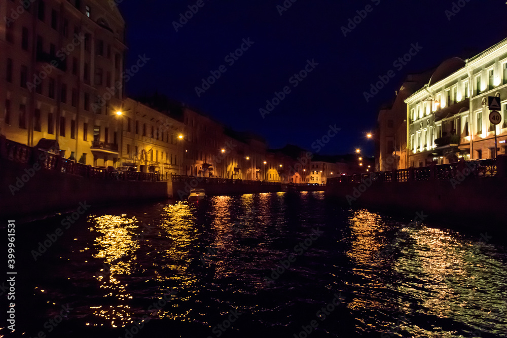 Night view of the Moyka river in St. Petersburg, Russia