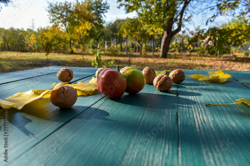 Apple, fallen leaves and ripe walnuts on the table