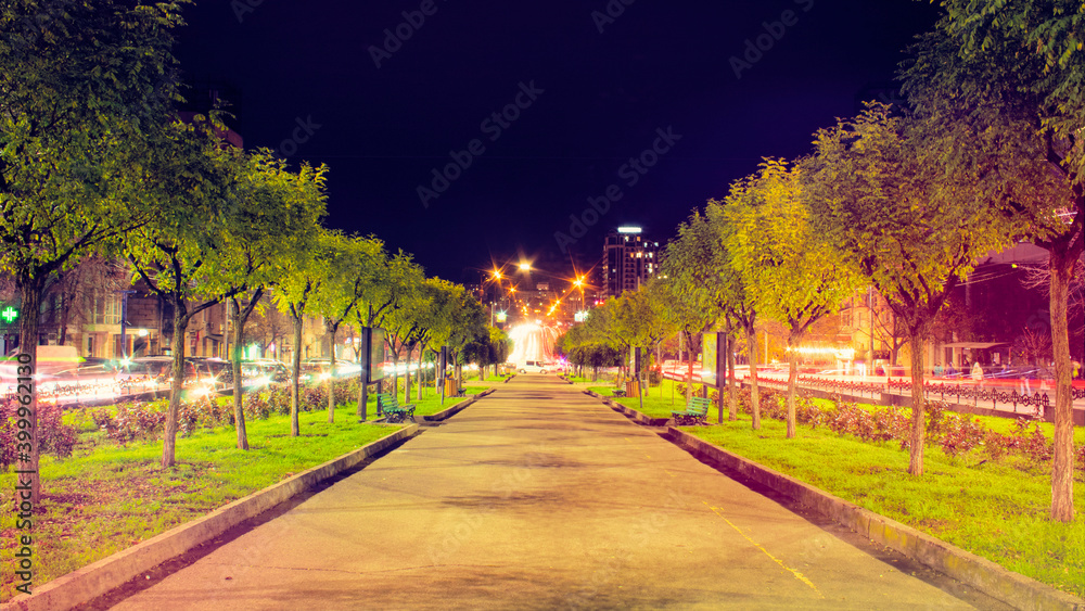 Street in park at night in Chisinau