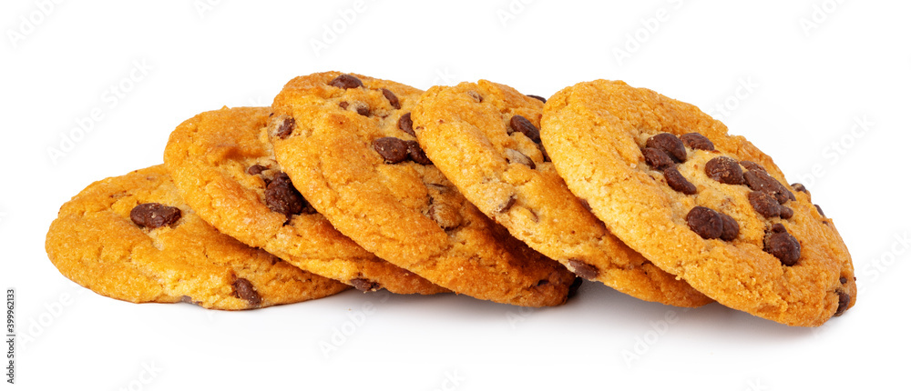 Pile of chocolate chip cookies isolated on white background
