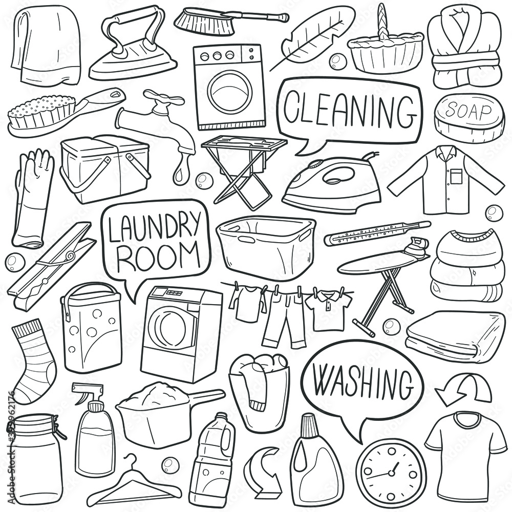 Laundry Room doodle icon set. Clean Machine Vector illustration collection. Home Hand drawn Line art style. Laundry Room doodle icon set. Clean Machine Vector illustration collection. Home Hand drawn Line art style.