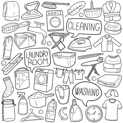Laundry Room doodle icon set. Clean Machine Vector illustration collection. Home Hand drawn Line art style.