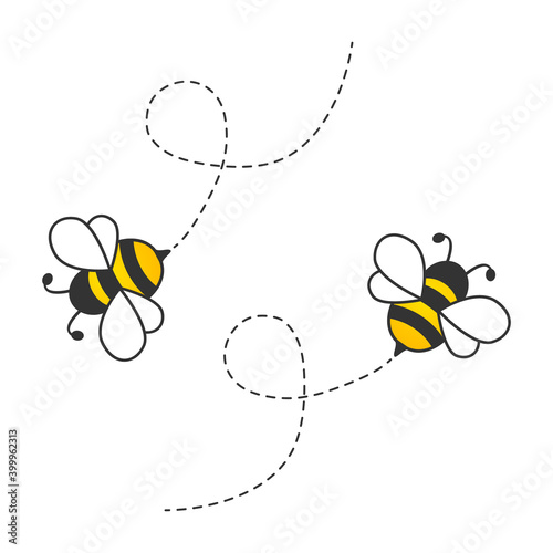 Flying cute bees with dotted route. Vector cartoon insect illustration. Isolated on white
