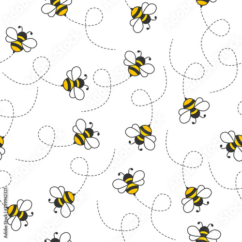 Seamless Pattern with flying bees. Cartoon doodle cute bees with dotted lines. Vector illustration isolated on white.