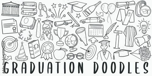 Graduation, doodle icon set. School Style Vector illustration collection. Education Banner Hand drawn Line art style.