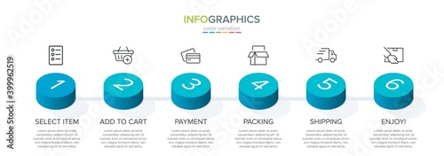 Concept of shopping process with 6 successive steps. Six colorful graphic elements. Timeline design for brochure, presentation, web site. Infographic design layout.