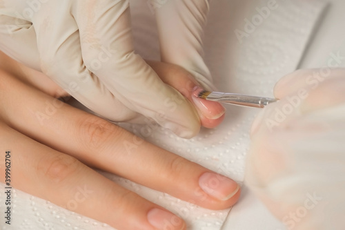 Woman manicurist master in gloves is applying pink gel on client s nails in beauty salon  hands closeup. Manicure nail paint. Nail polish. Hygiene care about nails. Beauty procedure.