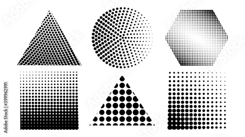 Set of black halftone on different shape. Pop art texture made of spots. Vector round dots gradient.