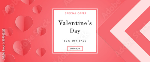 Design a horizontal flyer or banner for a Valentine's Day sale. Red paper heart on the left. Information label in the center. Red gradient background. Design of the inscription of the greeting text