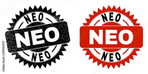 Black rosette NEO seal stamp. Flat vector distress seal stamp with NEO phrase inside sharp rosette, and original clean template. Watermark with unclean surface.