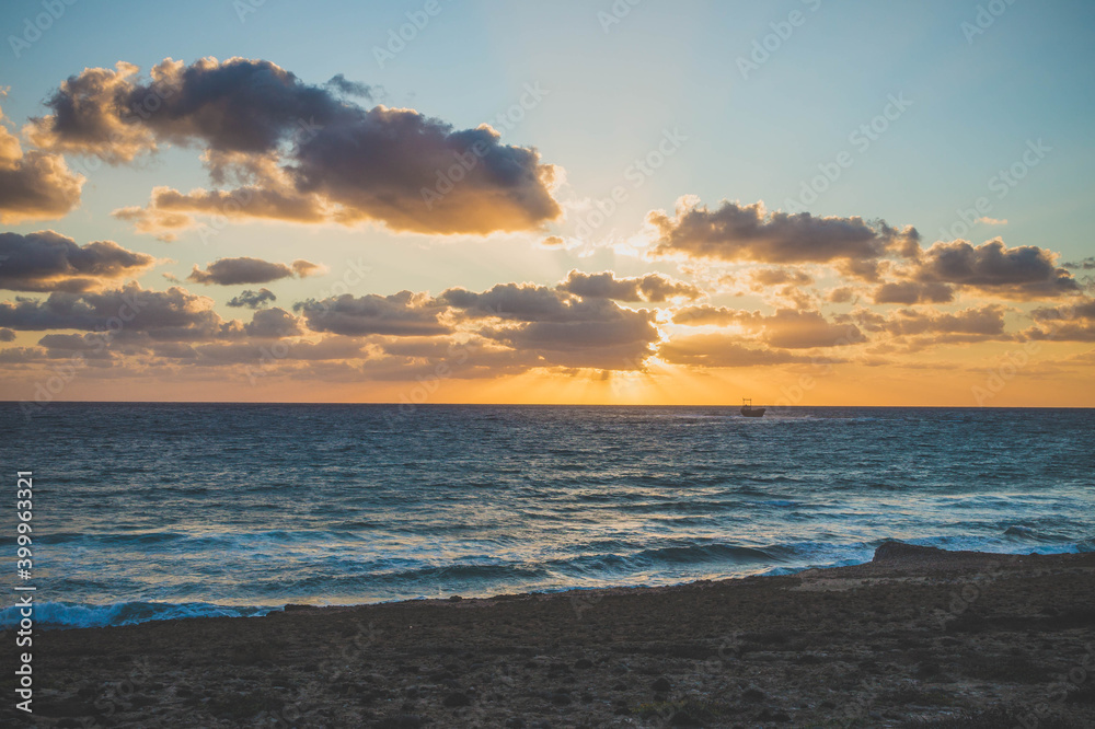 Sunset at Paphos, West coast of Cyprus. View on Mediterranean Sea.