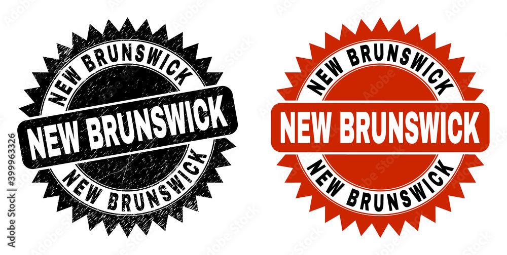 Black rosette NEW BRUNSWICK seal stamp. Flat vector textured seal stamp with NEW BRUNSWICK caption inside sharp rosette, and original clean template. Imprint with scratched style. Black rosette NEW BRUNSWICK seal stamp. Flat vector textured seal stamp with NEW BRUNSWICK caption inside sharp rosette, and original clean template. Imprint with scratched style.