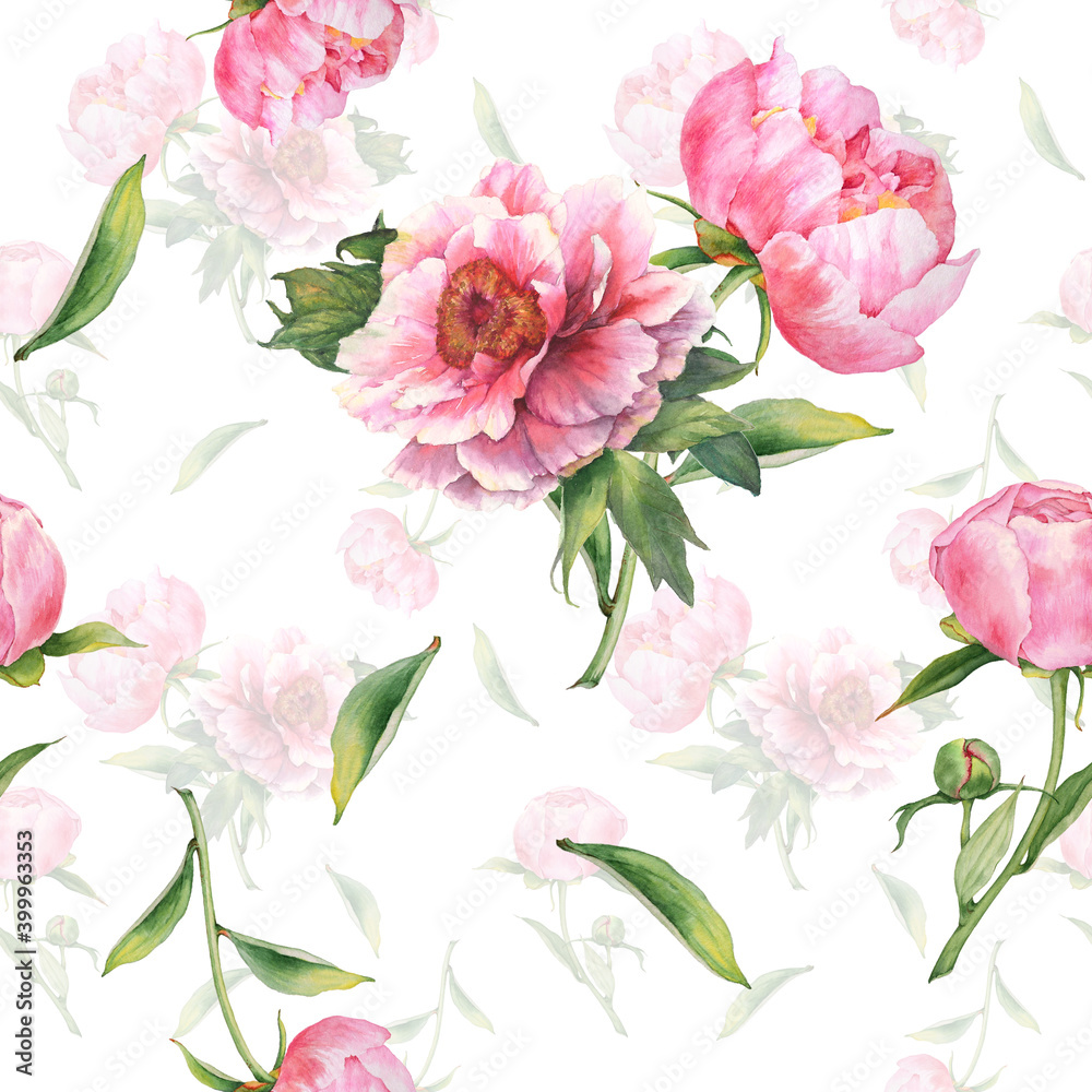 Seamless Pattern with Watercolor Pink Peonies