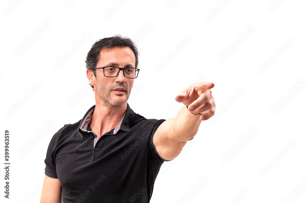 A businessman points to something interesting on a white background. For advertising or development. A businessman points to something interesting on a white background. For advertising or development.