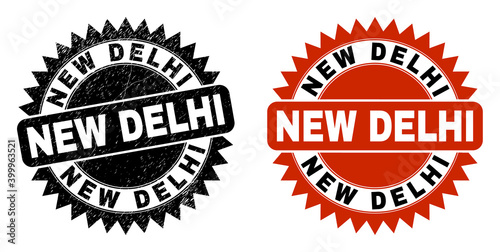 Black rosette NEW DELHI seal stamp. Flat vector distress seal stamp with NEW DELHI title inside sharp rosette, and original clean version. Watermark with distress surface.