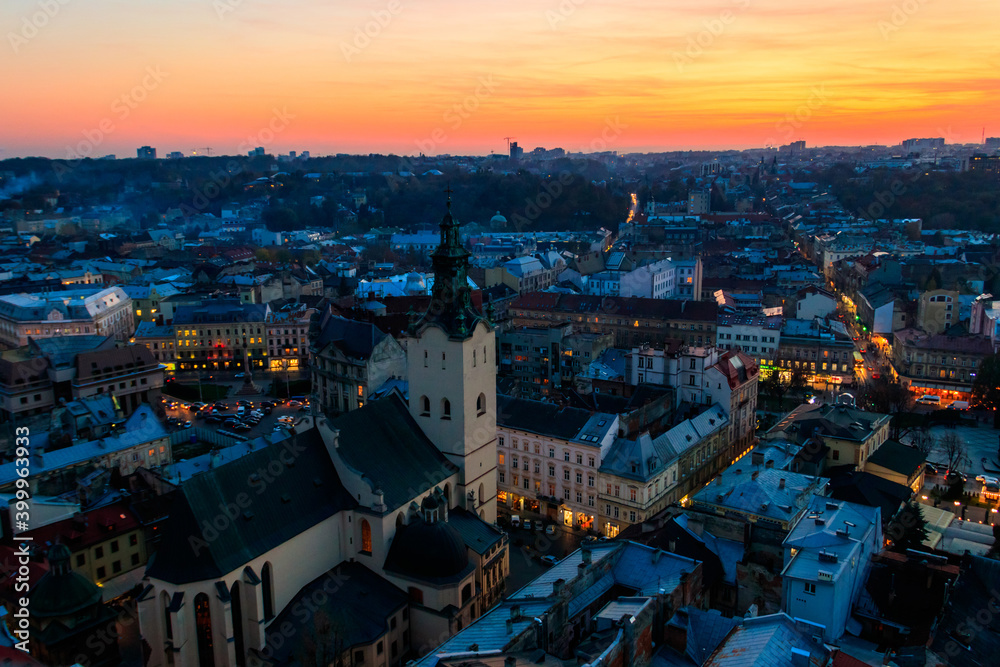 Aerial view of Latin cathedral and Rynok square in Lviv, Ukraine at sunset. View from Lviv town hall