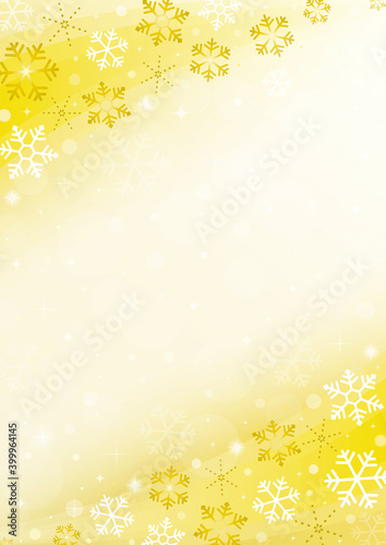 コピースペースのある雪の結晶背景　フレーム　金色　A3縦　snowflake background