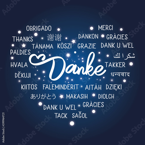Danke - herzlichen Dank mehrsprachig - weißer Text auf blauem Hintergrund