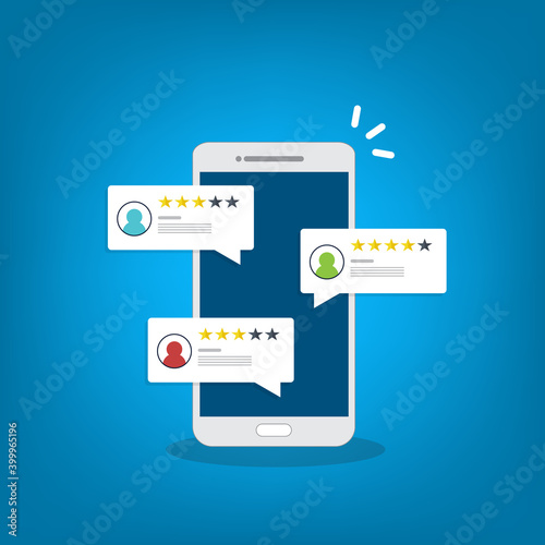 Review rating online on a smartphone. Customer feedback testimonials. Digital reviews stars with good and bad rate experience.