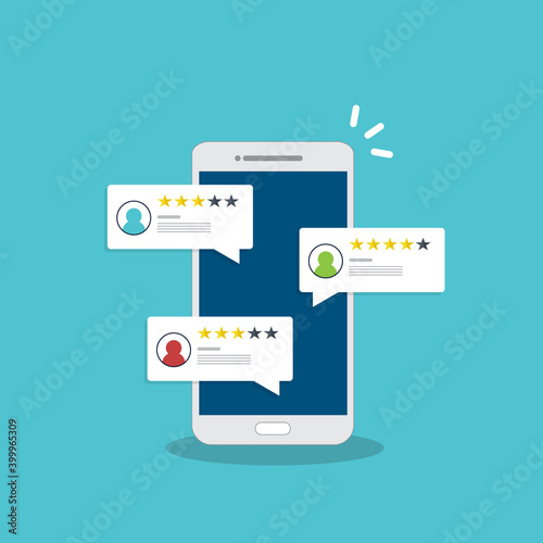 Review rating online on a smartphone. Customer feedback testimonials. Digital reviews stars with good and bad rate experience.