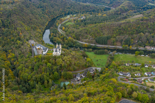 Bird's eye view of Arnstein Abbey in the Lahn valley near Obernhof / Germany