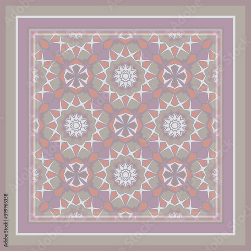 Style bright color mandala seamless pattern in gray red violet for decoration, paper wallpaper, tiles, textiles, neckerchief, pillows. Home decor, interior design, cloth design. Frame.