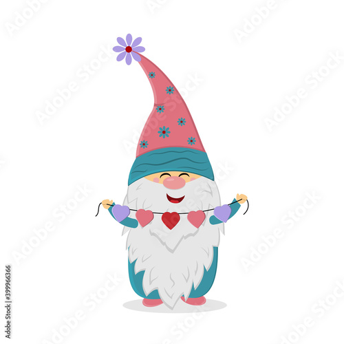gnome with a garland of hearts, color isolated vector illustration in flat style, clipart, design, decoration, printing, paper scrapbooking, sublimation © Olesya
