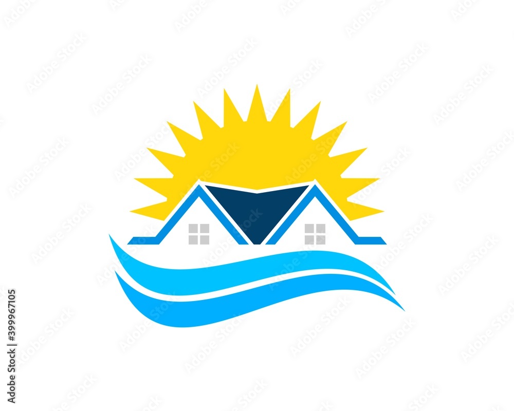 Simple house with beach wave and shinning sun