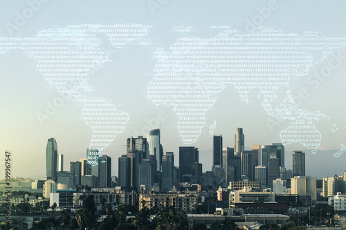 Multi exposure of abstract graphic world map hologram on Los Angeles office buildings background  connection and communication concept