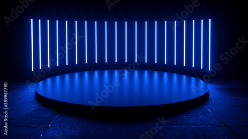 Neon background, space illuminated with blue neon light, ultraviolet light.