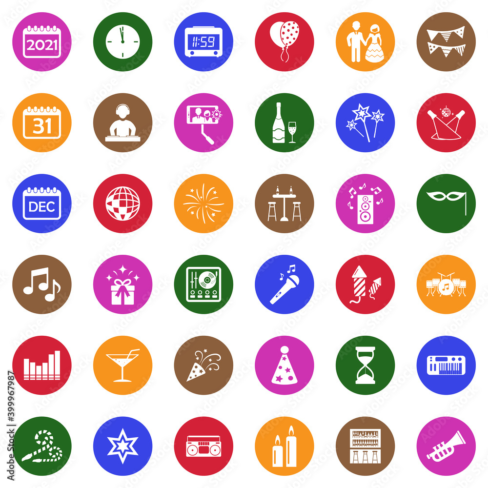 New Year Icons. White Flat Design In Circle. Vector Illustration. New Year Icons. White Flat Design In Circle. Vector Illustration.