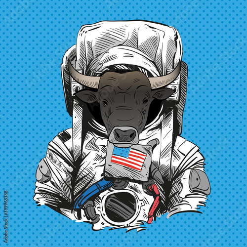 Bull in astronaut suit. 2021 year. Hand drawn vector illustration. 