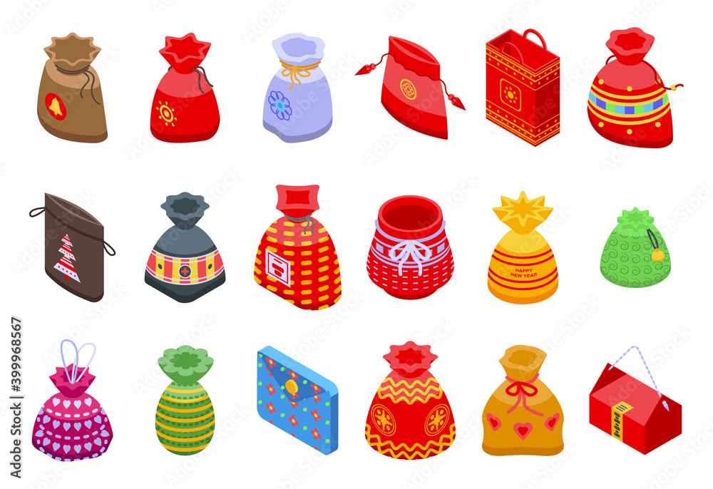 Lucky bag icons set. Isometric set of lucky bag vector icons for web
