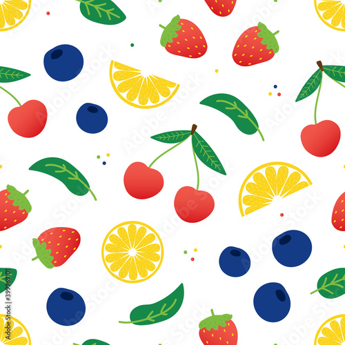Fresh cherry, blueberry, lemon slices and strawberry. Fruits and berries vector cartoon style seamless pattern background.